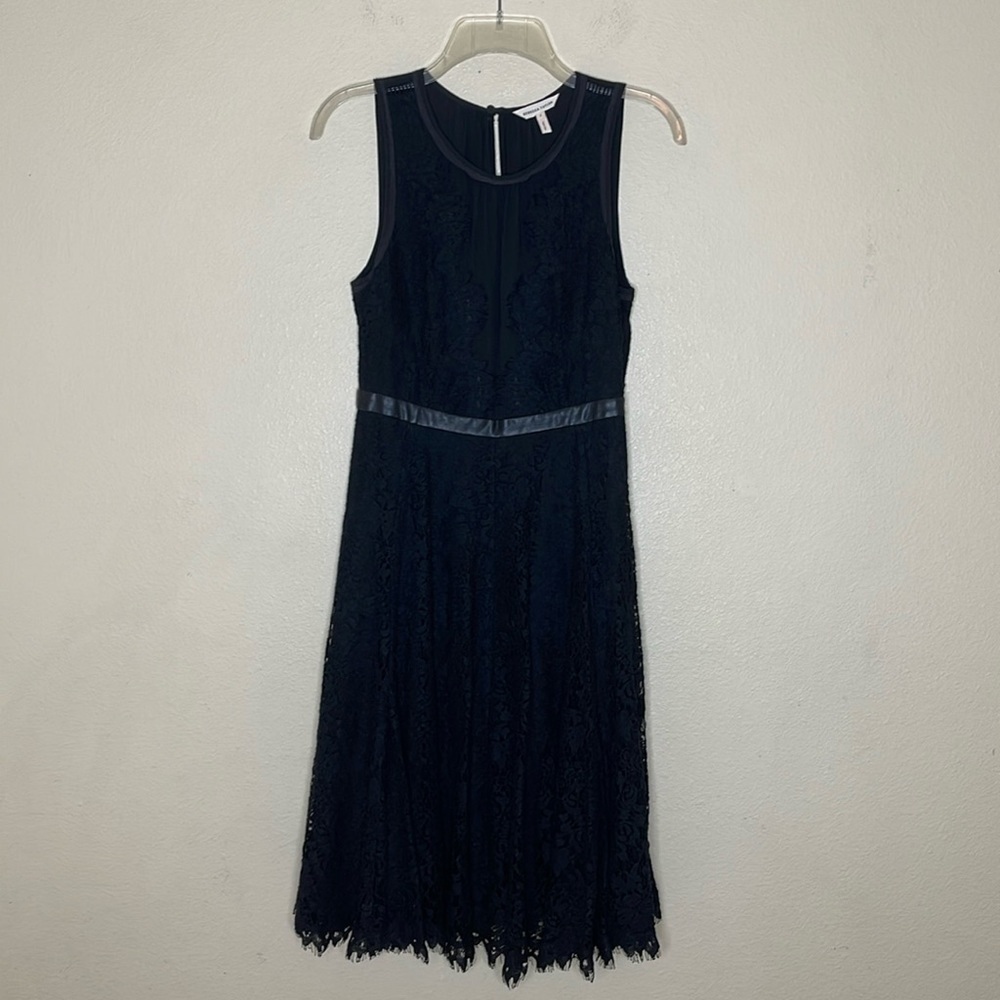 Rebecca Taylor Black Sleeveless Fit & Flare Lace Dress Leather Waist Size 2